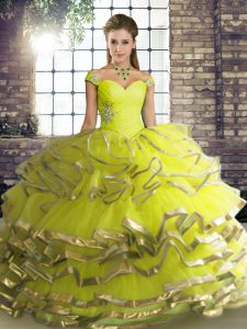 Floor Length Lace Up Quince Ball Gowns Yellow Green for Military Ball and Sweet 16 and Quinceanera with Beading and Ruffled Layers