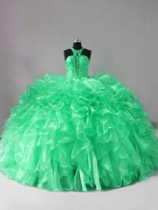 Latest Green Halter Top Lace Up Beading and Ruffles Quinceanera Dresses Brush Train Sleeveless