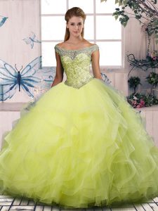 Pretty Floor Length Yellow Green Sweet 16 Quinceanera Dress Off The Shoulder Sleeveless Lace Up