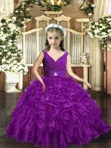 Inexpensive Floor Length Eggplant Purple Pageant Dress Womens Organza Sleeveless Ruffles