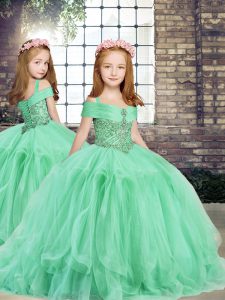 Top Selling Apple Green Tulle Lace Up Straps Sleeveless Floor Length Kids Formal Wear Beading and Ruffles