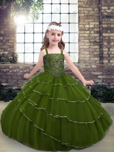 Modern Olive Green Sleeveless Beading and Ruffled Layers Floor Length Kids Formal Wear