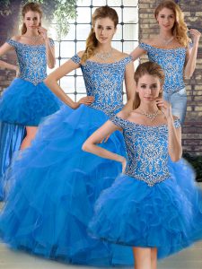 Excellent Blue Off The Shoulder Neckline Beading and Ruffles Quinceanera Dress Sleeveless Lace Up