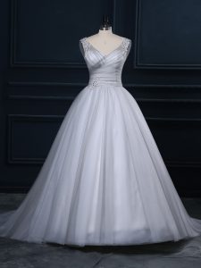 Shining Sleeveless Beading and Appliques Lace Up Wedding Gown with Grey Court Train