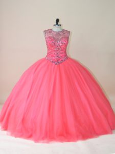Watermelon Red Sleeveless Tulle Lace Up 15 Quinceanera Dress for Sweet 16 and Quinceanera