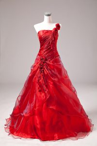Cute Red Quinceanera Gown Sweet 16 and Quinceanera with Beading One Shoulder Sleeveless Lace Up