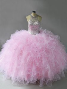 Custom Fit Halter Top Sleeveless Tulle Sweet 16 Dresses Beading and Ruffles Lace Up
