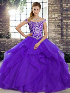 Graceful Sleeveless Brush Train Beading and Ruffles Lace Up Quinceanera Dresses