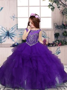 Sleeveless Organza Floor Length Zipper Little Girls Pageant Dress in Purple with Beading and Ruffles