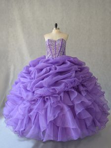 Delicate Beading and Ruffles and Pick Ups Vestidos de Quinceanera Lavender Lace Up Sleeveless Floor Length