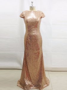 Champagne Backless Dress for Prom Sequins Short Sleeves Brush Train