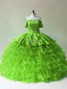 Ideal Off The Shoulder Neckline Embroidery and Ruffled Layers 15 Quinceanera Dress Sleeveless Lace Up