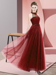 Lovely Wine Red Tulle Lace Up Halter Top Sleeveless Floor Length Quinceanera Dama Dress Beading and Appliques