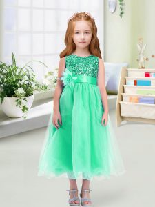 Sequins and Hand Made Flower Toddler Flower Girl Dress Turquoise Zipper Sleeveless Tea Length