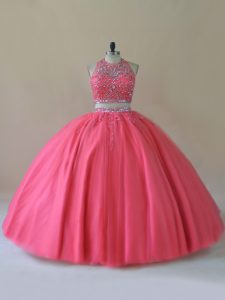 Lovely Coral Red Backless Sweet 16 Quinceanera Dress Beading Sleeveless Floor Length