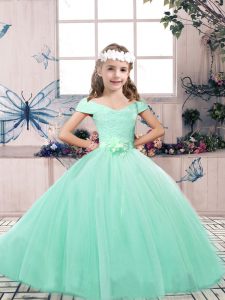 Tulle Sleeveless Floor Length Little Girl Pageant Dress and Lace and Belt