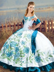 Noble Off The Shoulder Sleeveless Lace Up Ball Gown Prom Dress Blue And White Satin