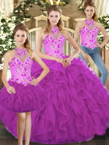 Pretty Fuchsia Sleeveless Floor Length Embroidery and Ruffles Lace Up Sweet 16 Dress