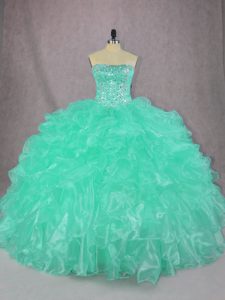 Superior Sleeveless Floor Length Beading and Ruffles Lace Up Sweet 16 Quinceanera Dress with Turquoise