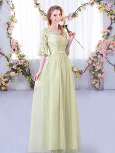 Yellow Green Side Zipper Scoop Lace and Belt Court Dresses for Sweet 16 Tulle Half Sleeves