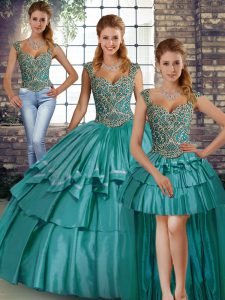 Customized Teal Taffeta Lace Up Straps Sleeveless Floor Length Sweet 16 Quinceanera Dress Beading and Ruffled Layers
