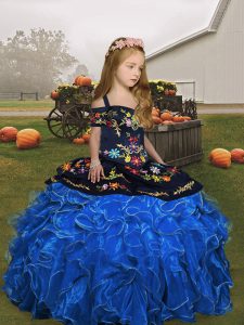 Floor Length Blue Girls Pageant Dresses Straps Sleeveless Lace Up