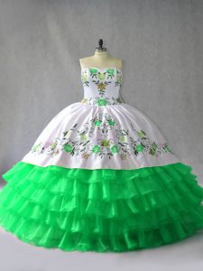 Fashionable Green Ball Gown Prom Dress Sweet 16 and Quinceanera with Embroidery and Ruffled Layers Sweetheart Sleeveless Lace Up