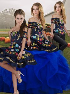 Modern Off The Shoulder Sleeveless Ball Gown Prom Dress Floor Length Embroidery and Ruffles Royal Blue Tulle