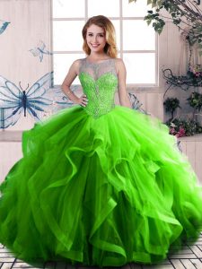 Green Scoop Lace Up Beading and Ruffles Sweet 16 Dresses Sleeveless