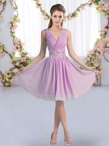 Suitable Knee Length Zipper Quinceanera Dama Dress Lavender for Wedding Party with Beading