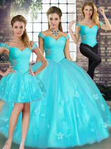 Delicate Off The Shoulder Sleeveless Quinceanera Gowns Floor Length Beading and Appliques Aqua Blue Tulle