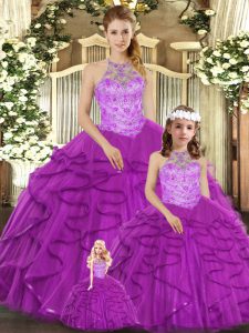 Attractive Floor Length Purple Sweet 16 Dresses Halter Top Sleeveless Lace Up