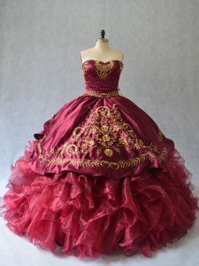 Flare Burgundy Ball Gowns Beading and Embroidery 15 Quinceanera Dress Lace Up Organza Sleeveless