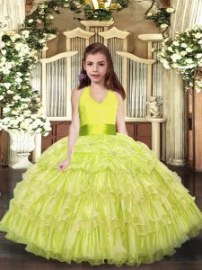 Floor Length Yellow Green Little Girl Pageant Dress Halter Top Sleeveless Lace Up