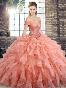 Pretty Peach Sleeveless Organza Brush Train Lace Up Sweet 16 Quinceanera Dress for Military Ball and Sweet 16 and Quinceanera