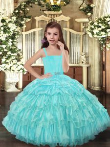 Aqua Blue Organza Lace Up Winning Pageant Gowns Sleeveless Floor Length Ruffled Layers