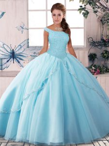 Lace Up 15th Birthday Dress Light Blue for Military Ball and Sweet 16 and Quinceanera with Beading Brush Train
