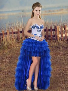 Fashionable Sleeveless High Low Embroidery and Ruffled Layers Lace Up Evening Dress with Royal Blue