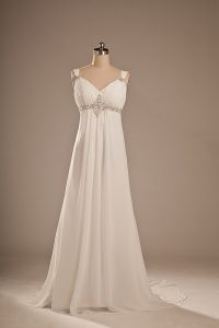 White Empire Chiffon Straps Sleeveless Beading Lace Up Wedding Dress Brush Train