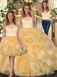 New Arrival Sleeveless Organza Floor Length Clasp Handle Quince Ball Gowns in Gold with Lace and Ruffles