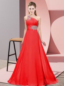 Vintage One Shoulder Sleeveless Prom Gown Brush Train Beading Red Chiffon