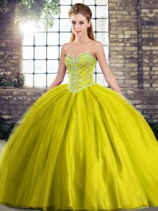 Captivating Olive Green Sleeveless Beading Lace Up Ball Gown Prom Dress