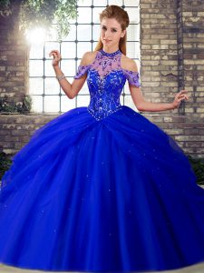 Royal Blue Sleeveless Tulle Brush Train Lace Up Quinceanera Dress for Military Ball and Sweet 16 and Quinceanera