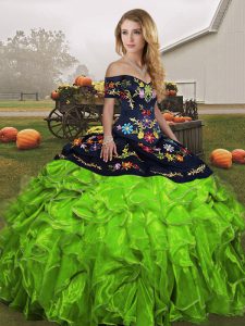 Romantic Off The Shoulder Neckline Embroidery and Ruffles Sweet 16 Dress Sleeveless Lace Up