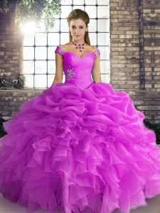 Lilac Ball Gowns Organza Off The Shoulder Sleeveless Beading and Ruffles and Pick Ups Floor Length Lace Up Quinceanera Gowns