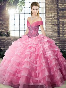 Beading and Ruffled Layers 15th Birthday Dress Rose Pink Lace Up Sleeveless Brush Train