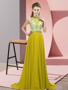 Empire Sleeveless Olive Green Prom Gown Brush Train Backless