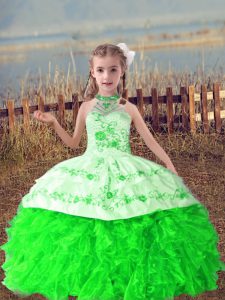 Trendy Sleeveless Floor Length Beading and Embroidery and Ruffles Lace Up Kids Pageant Dress with Green