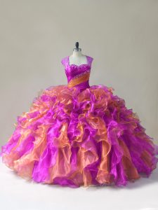 Super Straps Sleeveless Sweet 16 Quinceanera Dress Beading and Ruffles Multi-color Organza