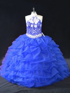 Charming Blue Backless Halter Top Beading and Appliques Sweet 16 Dress Organza Sleeveless